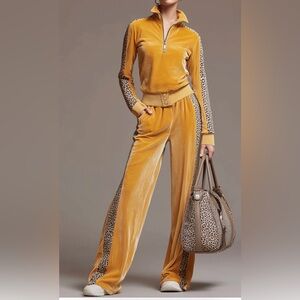 Velvet Mustard Track Pants with Leopard Side Panels